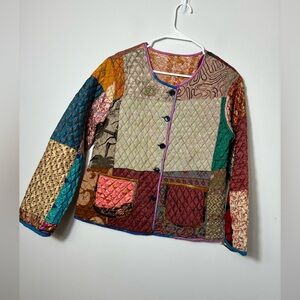 Patchwork‎ Button Front Jacket Cotton Colorful Sz M Hippie Boho